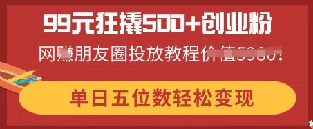 99元狂撬500+创业粉，单日五位数轻松变现，网创朋友圈投放教程-大鱼资源网